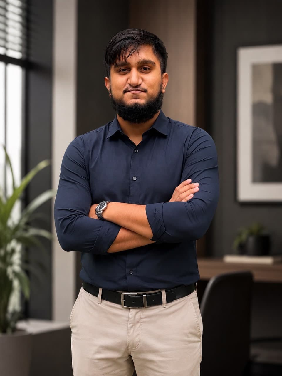 Abdul Ahad, Success Coach and NLP Master Practitioner, standing in a modern office.